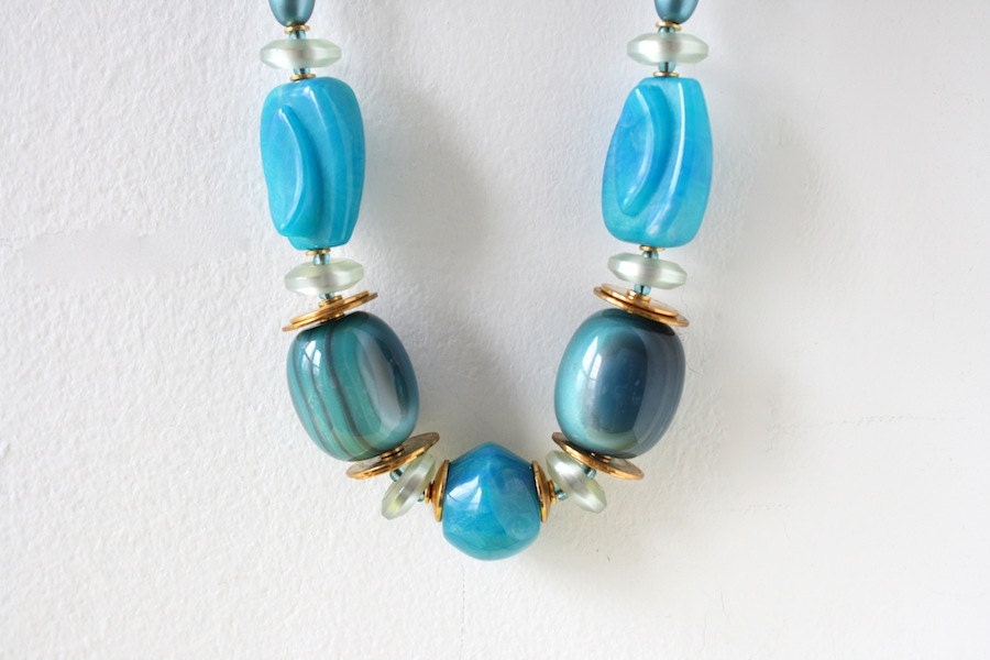 Vintage Necklace Teal Blue Turquoise Lucite & Gold Beaded Italian Ellelle Long Necklace Made in Italy Italian Costume Jewelry