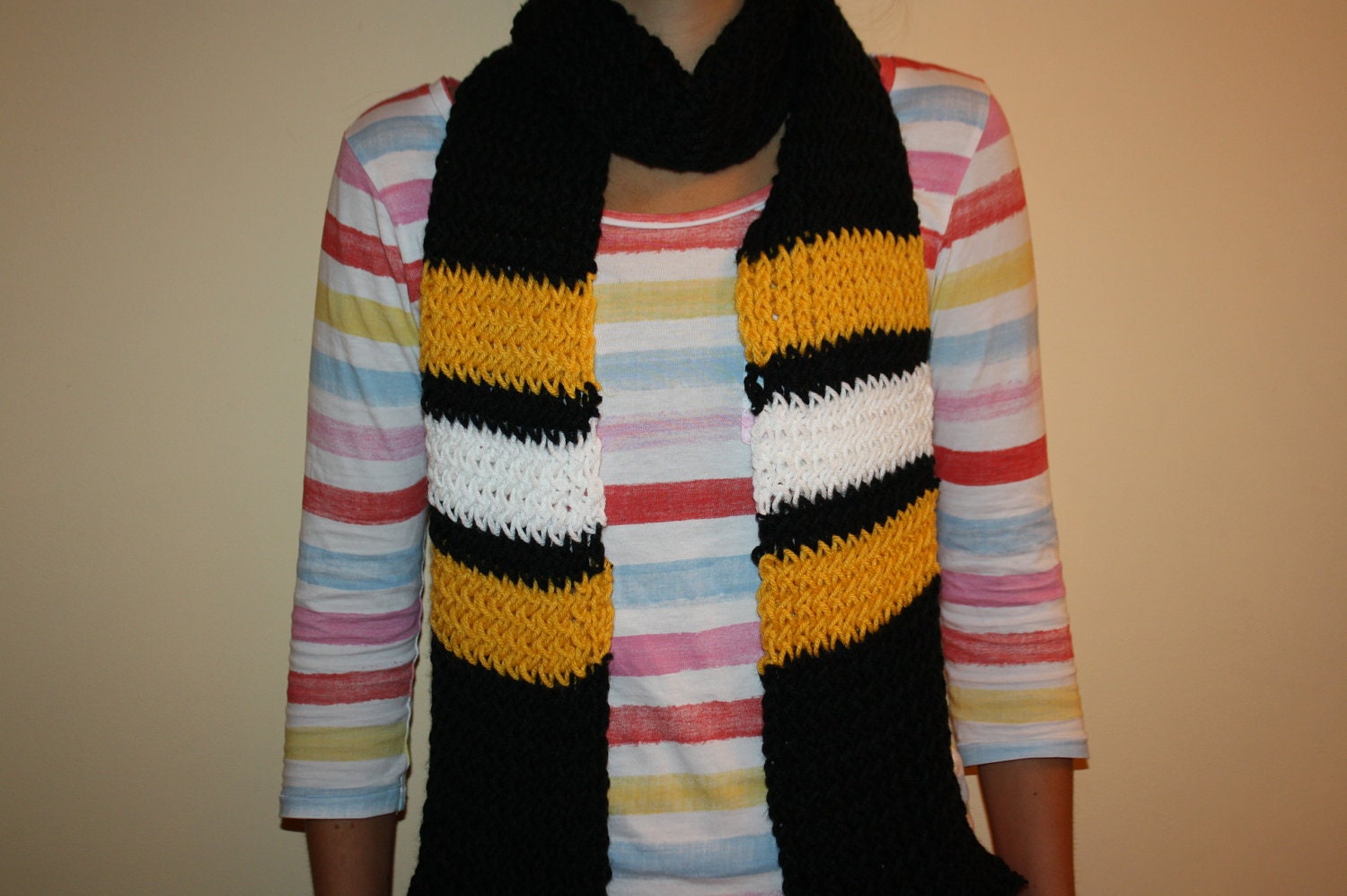Boston Bruins/ Pittsburgh Steelers color themed hand knit scarf
