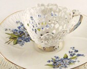Lace Teacup - Doily and Vintage Atlas Paper White Teacup - Holds jewelry, keepsakes and trinkets