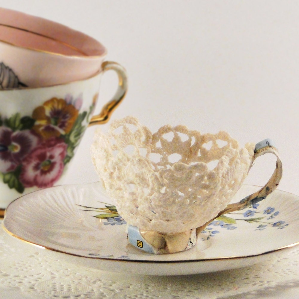 Lace Teacup - Doily and Vintage Atlas Paper Antique White Teacup - Holds jewelry, keepsakes and trinkets