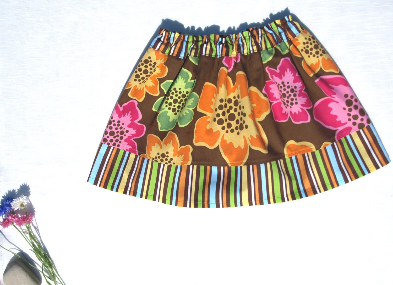 Girls skirt - brown with pink, orange, green flowers and stripes, cotton. Ready to ship, will fit to 2T, 3, 4, 5, 6 Years, with GIFT
