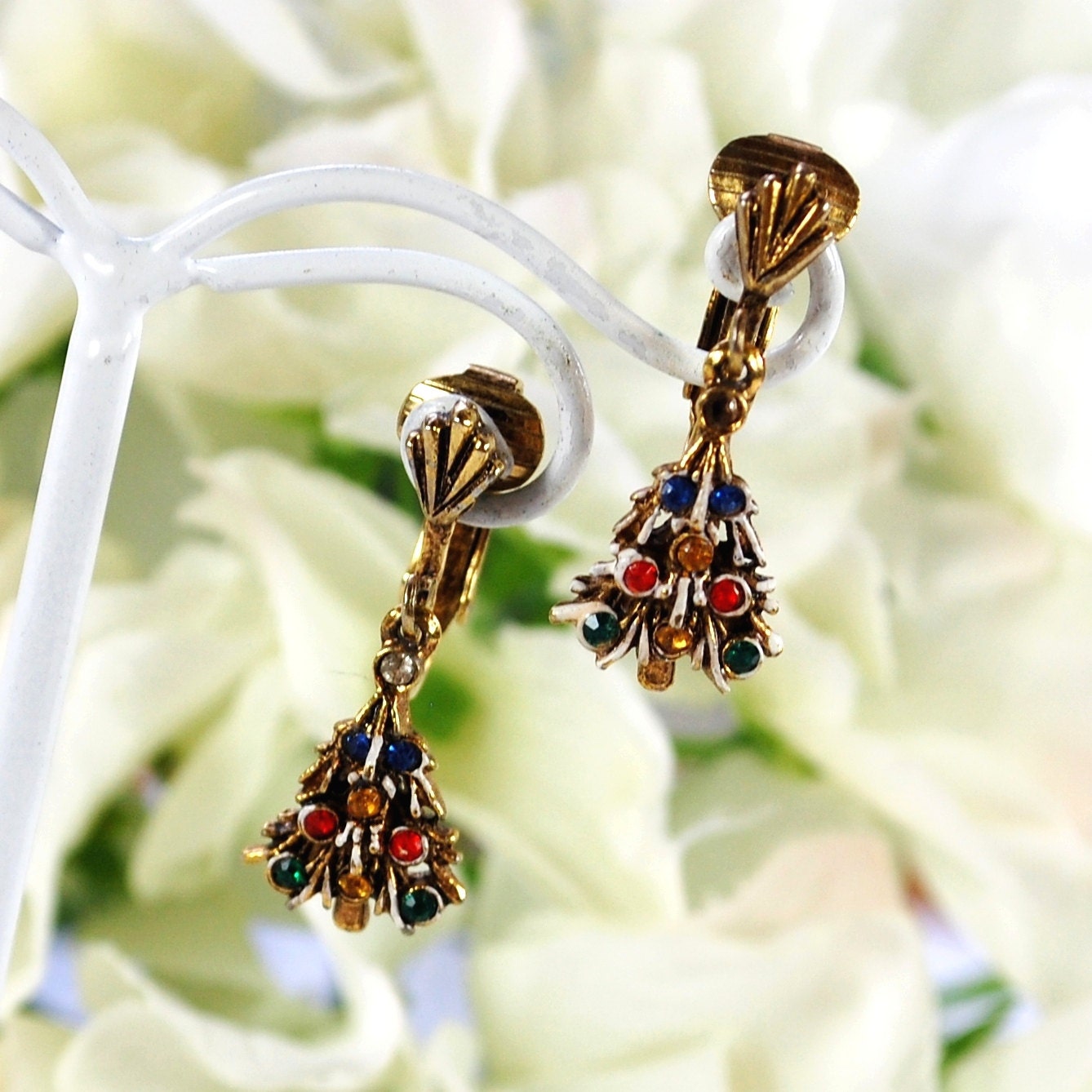 Vintage Christmas Tree Earrings, Colorful Rhinestones, White Enamel Snow, Gold Tone, Clip-on Dangles, 1950s 1960s Holiday Jewelry