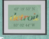8 x 10 Detroit City Poster with Latitude and Longitude - Custom - Retro Typography Wall Art Poster