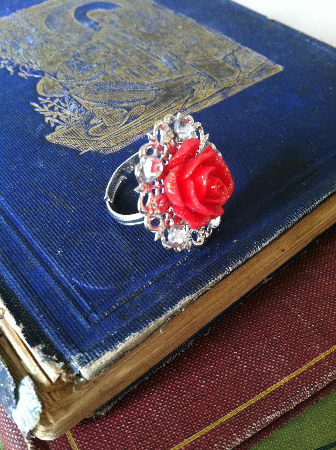 Red glitter rose and rhinestone filigree ring, silver adjustable ring