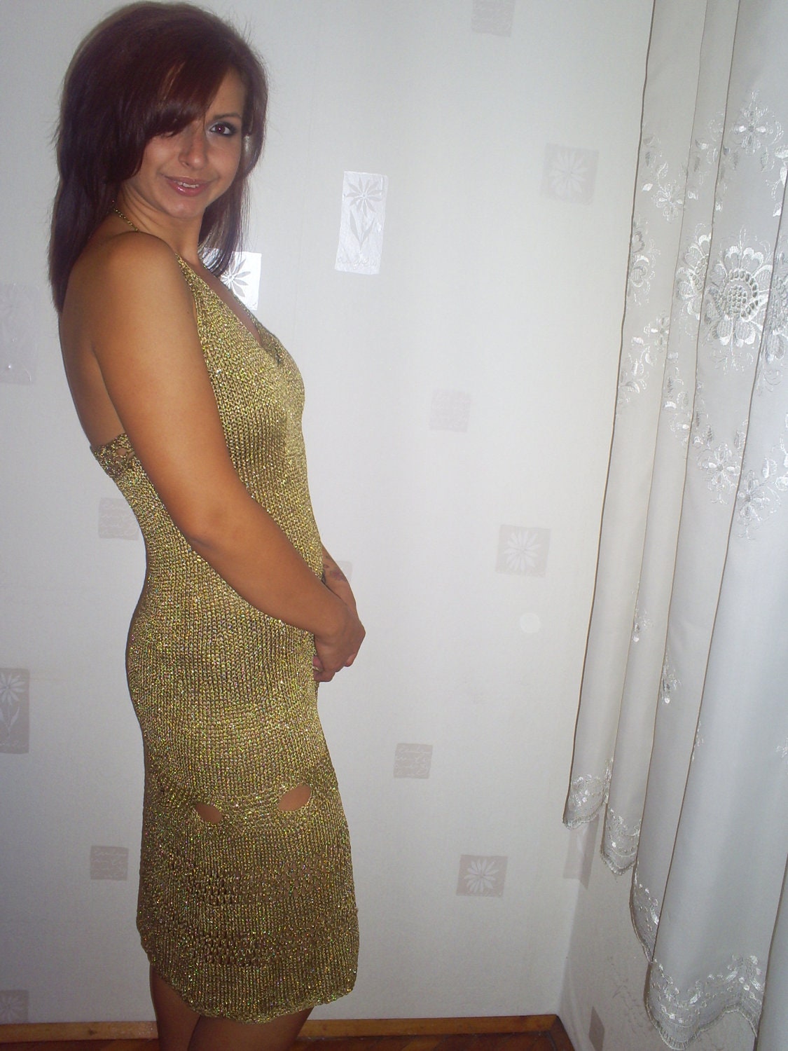 Elegant dress the color of old gold and lame, hand knitting dress , silk dress, knitted dress,ladies knit dress