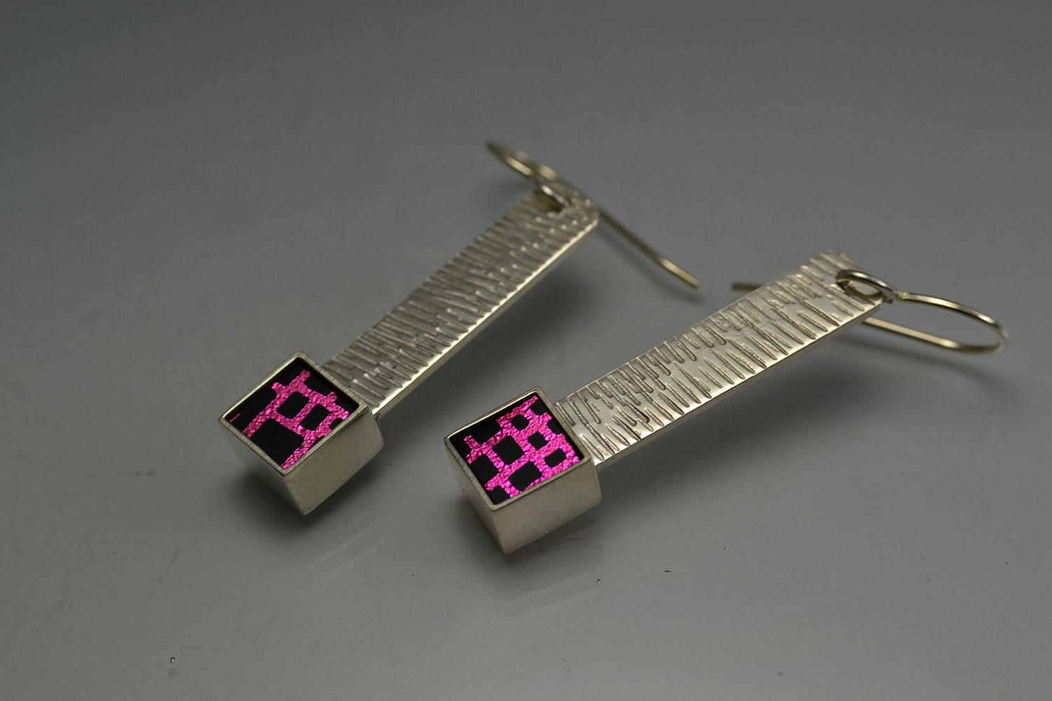 Patterned sterling silver and magenta grid earrings