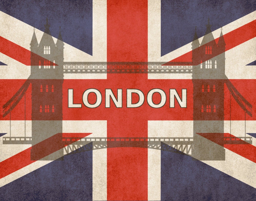 British Union Jack Flag London Tower Bridge Silhouette Distressed Grunge 14 x 11