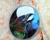 Stained glass, Totem Card, RAVEN, iridized glass,  hand painted feathers, crow beads, leather