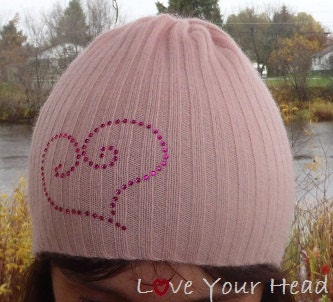 Women's Knit Cashmere Beanie, Pink Hat from Repurposed Sweater with Dark Pink Heart Embellishment, Traditional Fitting Beanie - LoveYourHead