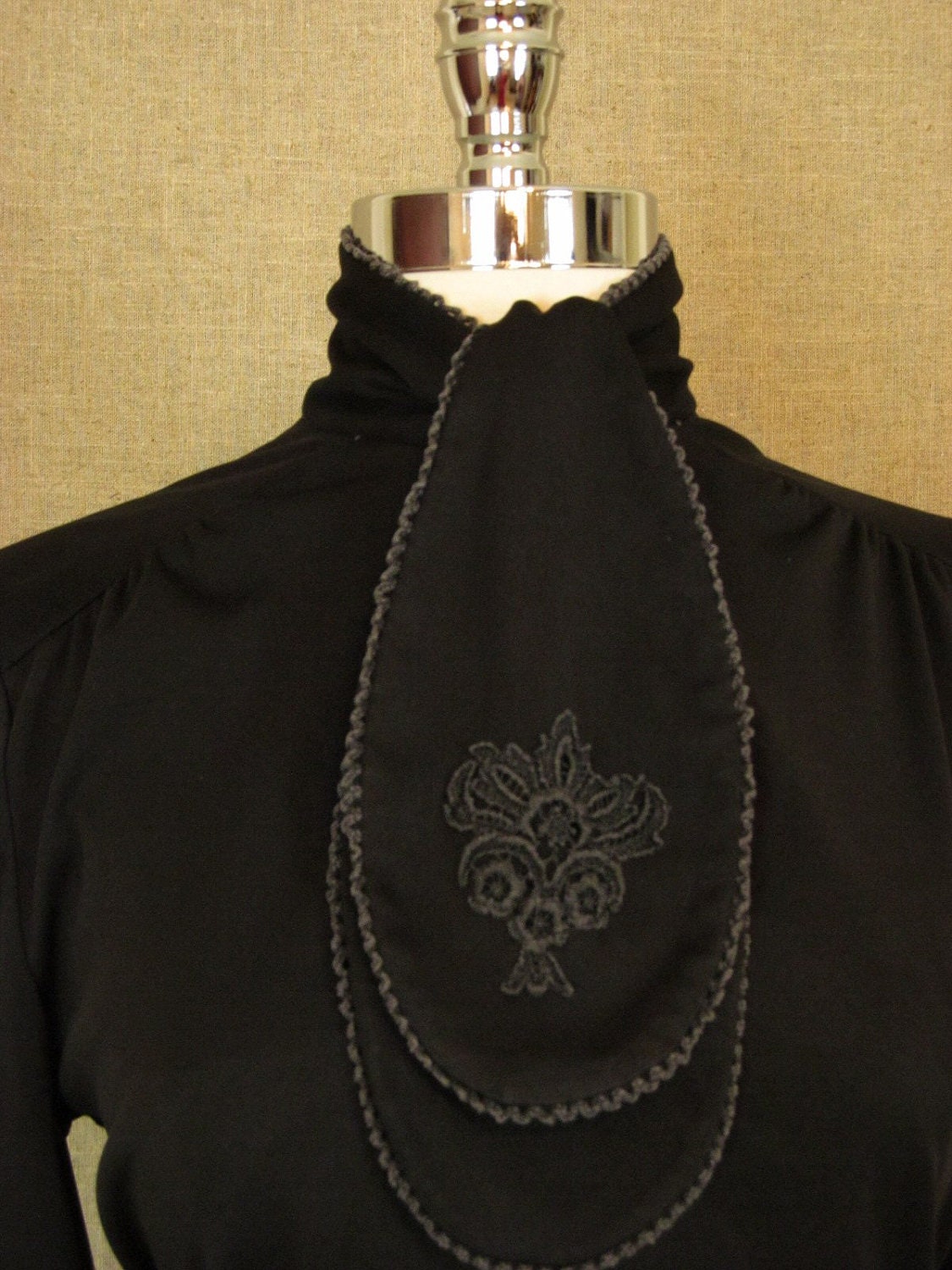 1970s Blouse / Vintage Black Knit Blouse w/ Ascot Necktie