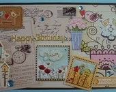 Large Vintage Styled "Birds, Messages and Flowers"  Birthday Handmade Card by Christine with matching envelope & gift tag