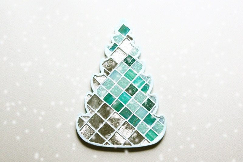 Christmas tree - Christmas decor - Aquamarine and silver mosaic wall decor - LoveMosaicHomeDecor