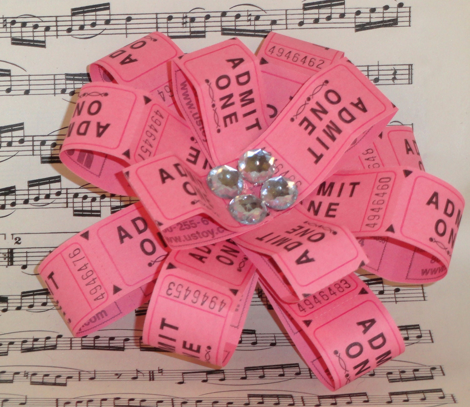PINK tickets hair clip Flower barette - styling retro fun diamond gems jewlery girls woman