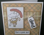 funny dad greetings card, birthday, bbq theme, blank, humorous, brown, just to say, hand coloured