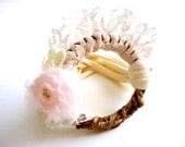 Boho Romantic Bracelet. Up Cycled Fabric Bracelet Cuff. Handmade Mohair Rosette. Organic Yute Ring. Boho Style cuff. Feminine wrist accent. - EcoYagual