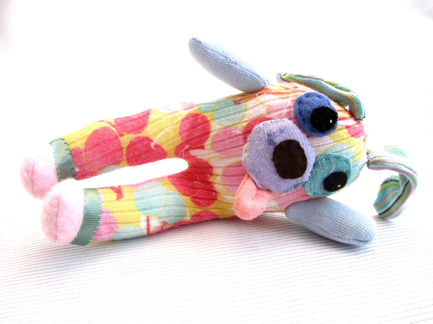 Handmade Recycled OOAK Plush Dog Sock Toy Stuffed Animal Pastel Lucas