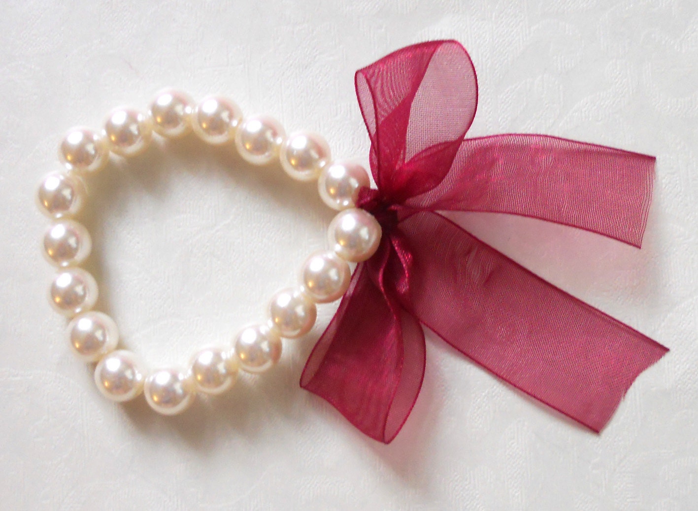 Pearl bracelet with maroon organza ribbon - bridal bracelet - bridesmaid bracelet - wedding - asteriasbridal