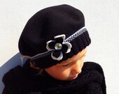 Black beret for children, Wool felt hat in black and white, Millinery black winter hat