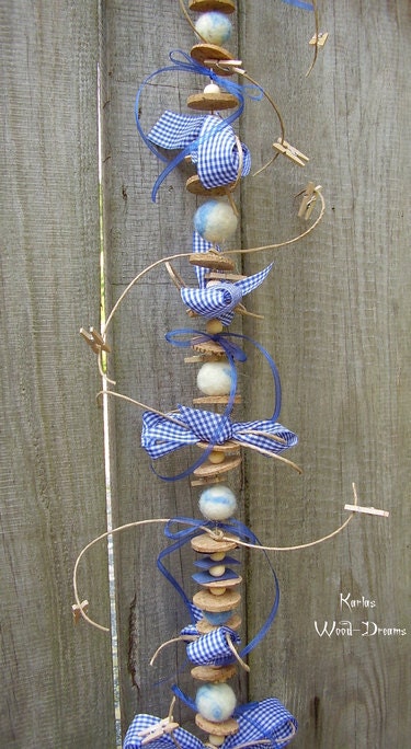 Window decoration "Hold on"  woodland, bavaria, funky, felt, cork, eco friendly, organic, blue-white size  29.3 x 7.8 inch
