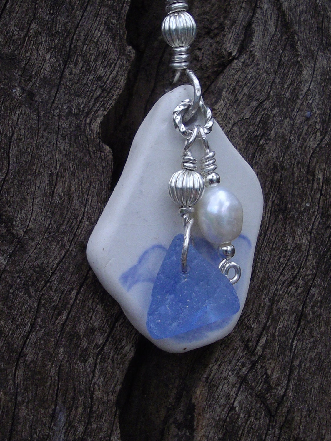 Sea Pottery and Seaglass Pendant in shades of Blue.