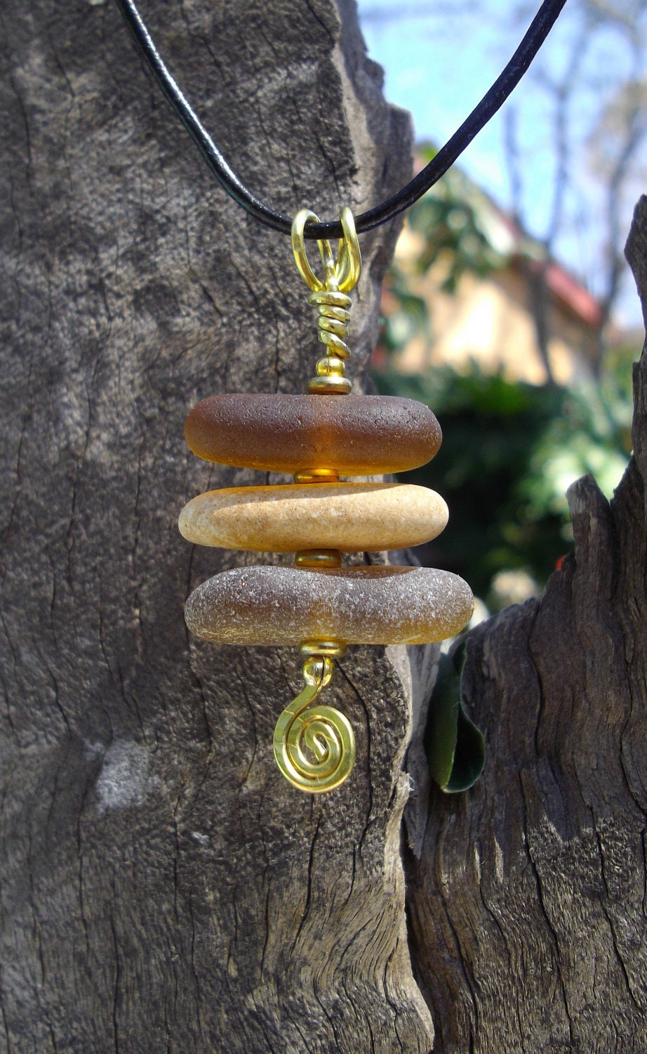 Seaglass and Beachstone Stacked Pendant with Brass Wire