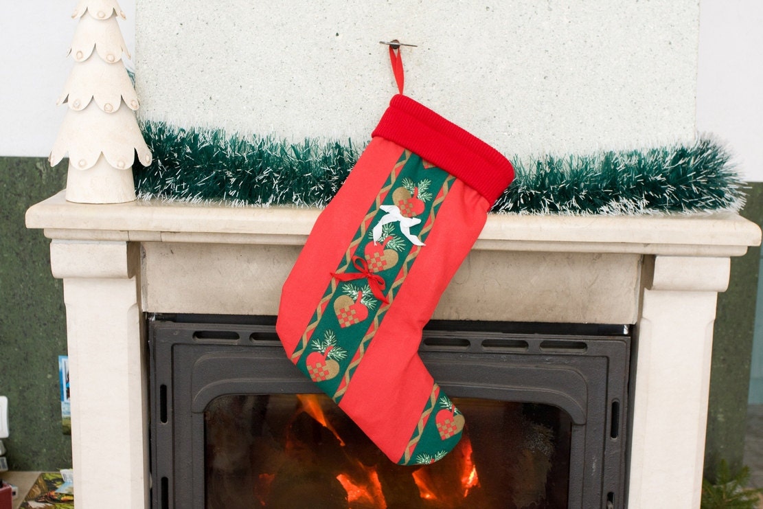 SALE 30% OFF - Red and Green Christmas Stocking, Holiday Decoration, Xmas Boot and Tree