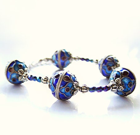 Deep blue cloisonne bracelet, enamel bracelet, royal blue bracelet, old world, antique look