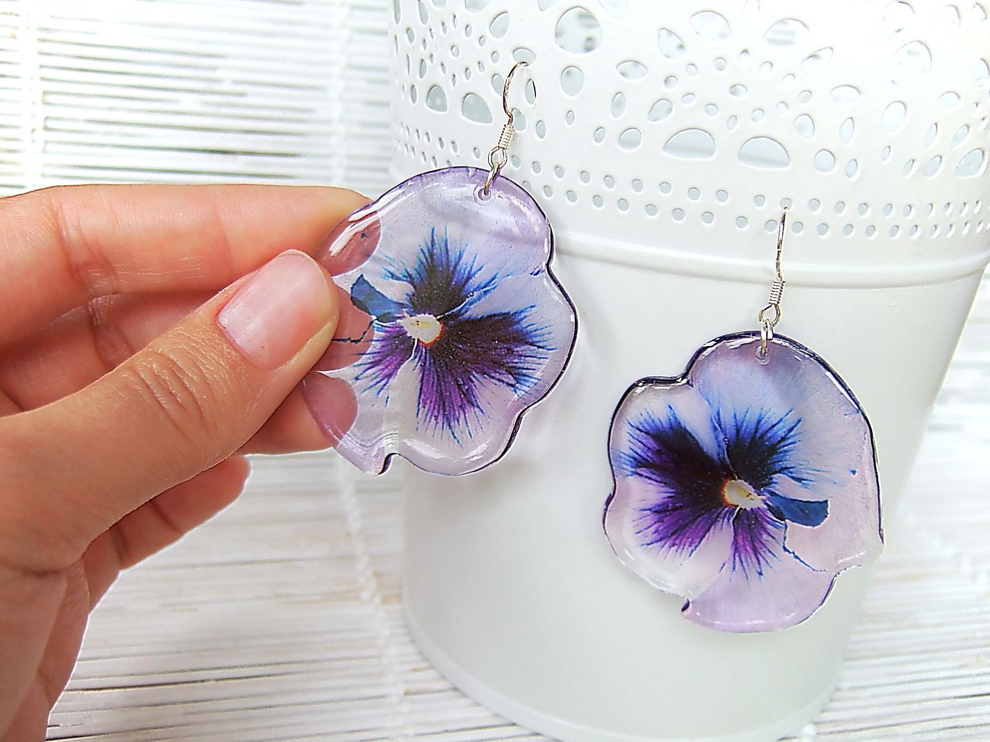 Resin Transparent Earrings Light Violet Pansy