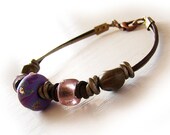 Swarovski Rhinestone Bead Bangle Bracelet with Purple and Silver Leather