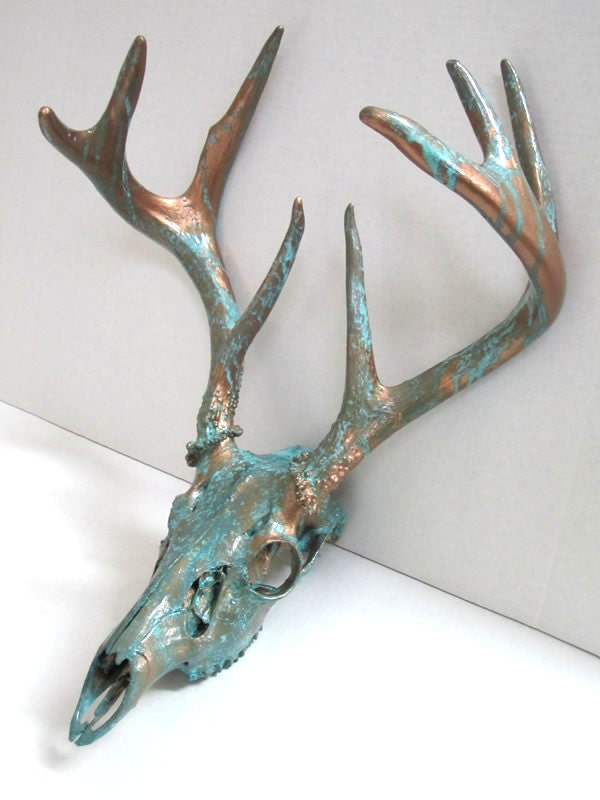 Large Copper Painted Natural Aqua Patina Deer Skull Antlers Sculpture Art. October SALE.....10% OFF. Use coupon code: 'OCTOBER10'.
