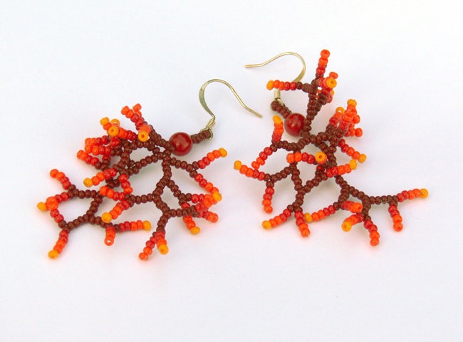 Colorful  Earrings.Dangle Long Earrings.  Yellow Orange Dark Red  Eearrings. Beadwork