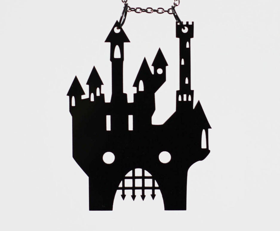 ON SALE 12 Dollars - Adorable black gothic haunted castle necklace laser cut acrylic jewlery
