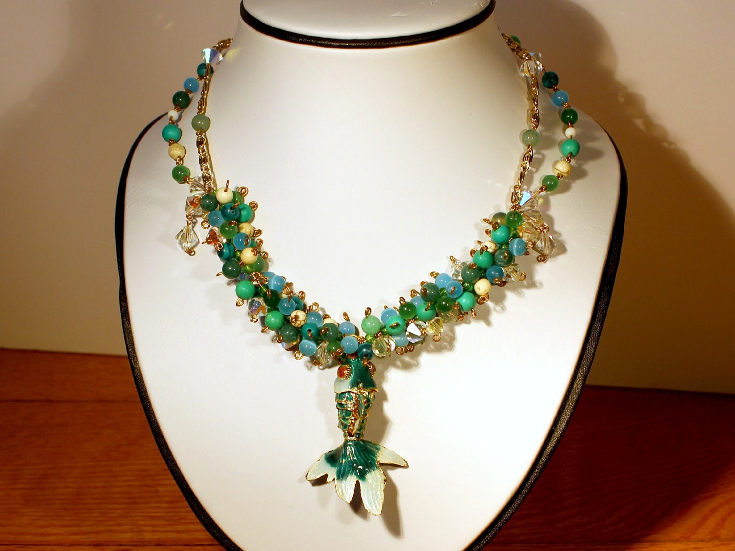 Green Cloisonne Fish Necklace with Imitation Malachite, Swarovski Crystals, Cats Eye, and Quartz, Vintage Chain. handmade beaded necklace