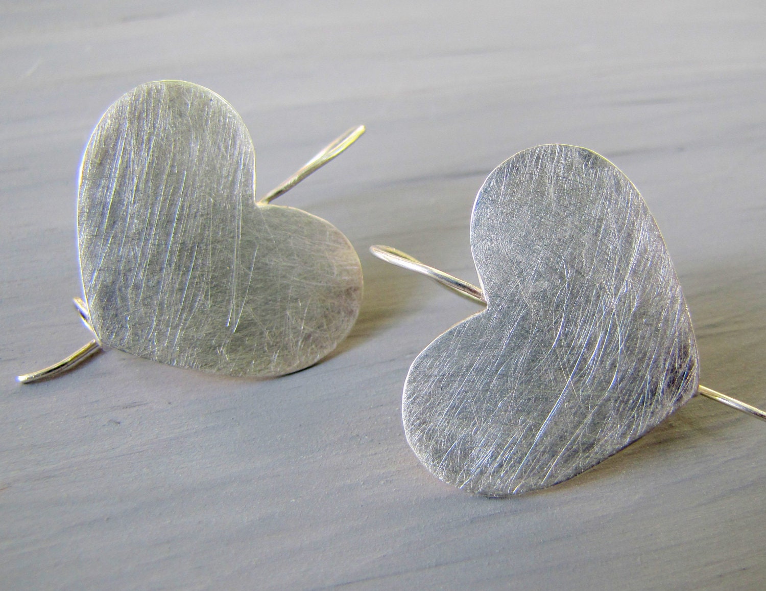 Heart Shaped Earrings, Handmade Earring, Silver Earrings with Mat Scratched Texture, Love Earrings, Unique Silver Heart Earrings