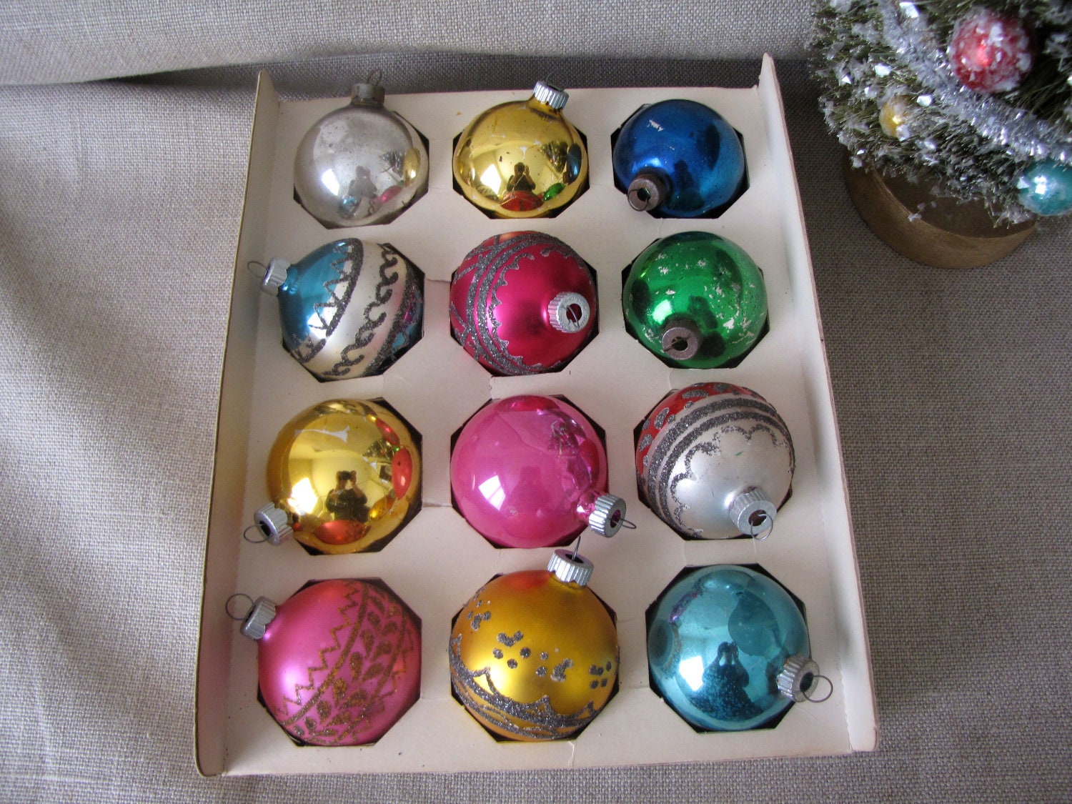 Set of 12 Vintage Shiny Brite Glass Christmas Ornaments