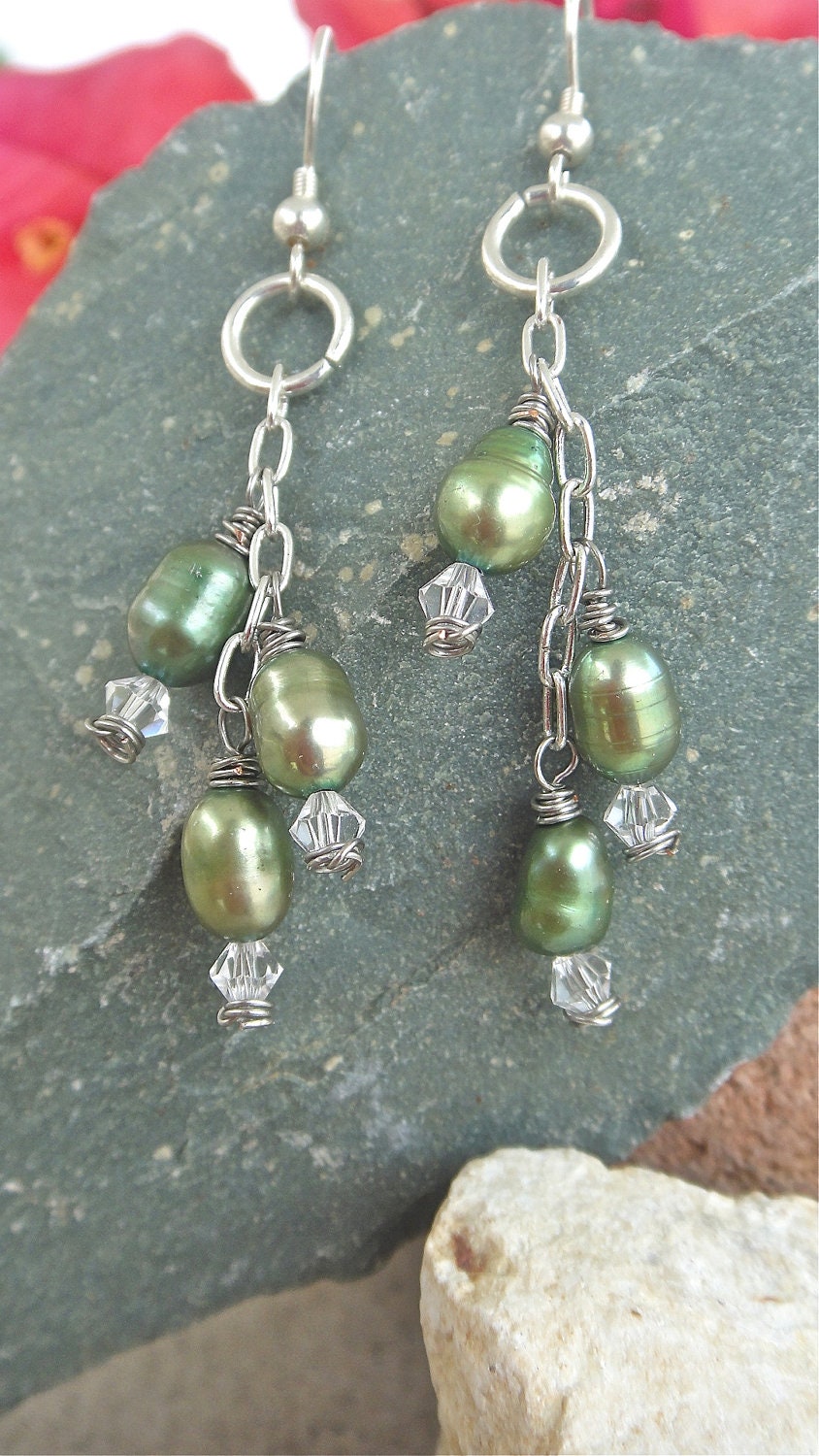 Green Pearl Earrings Crystal Dangle Earrings
