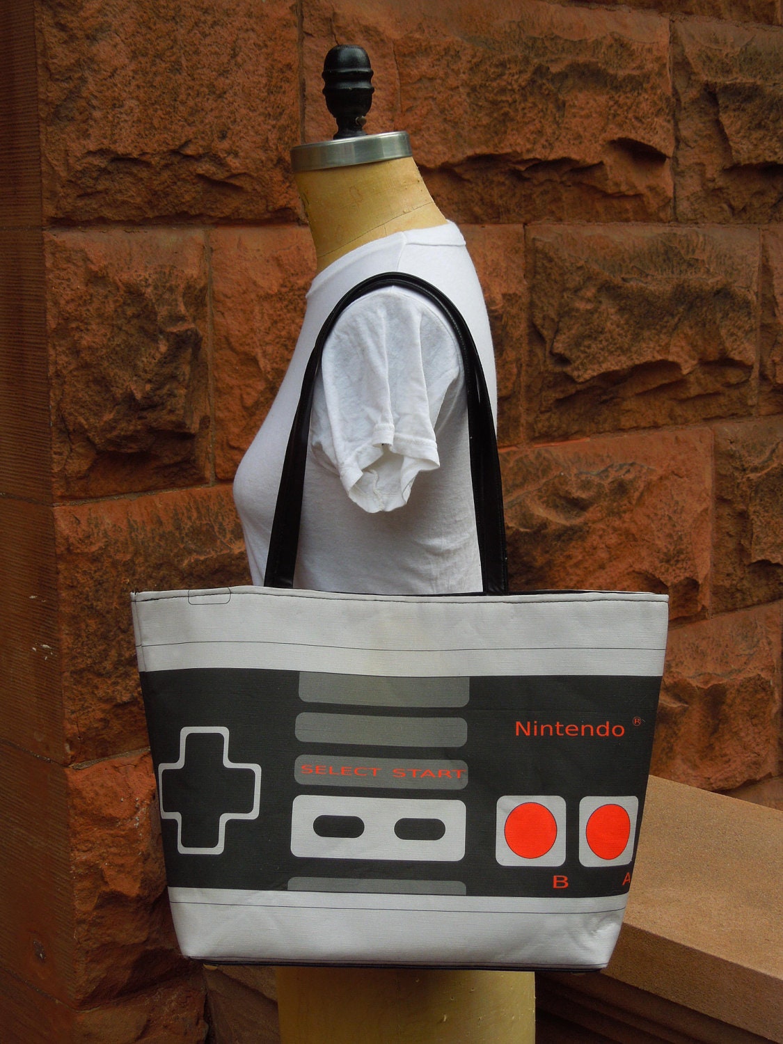 Large Printed Retro NES Nintendo Controller Handbag with Silver Studded Hardware and Snap Closure