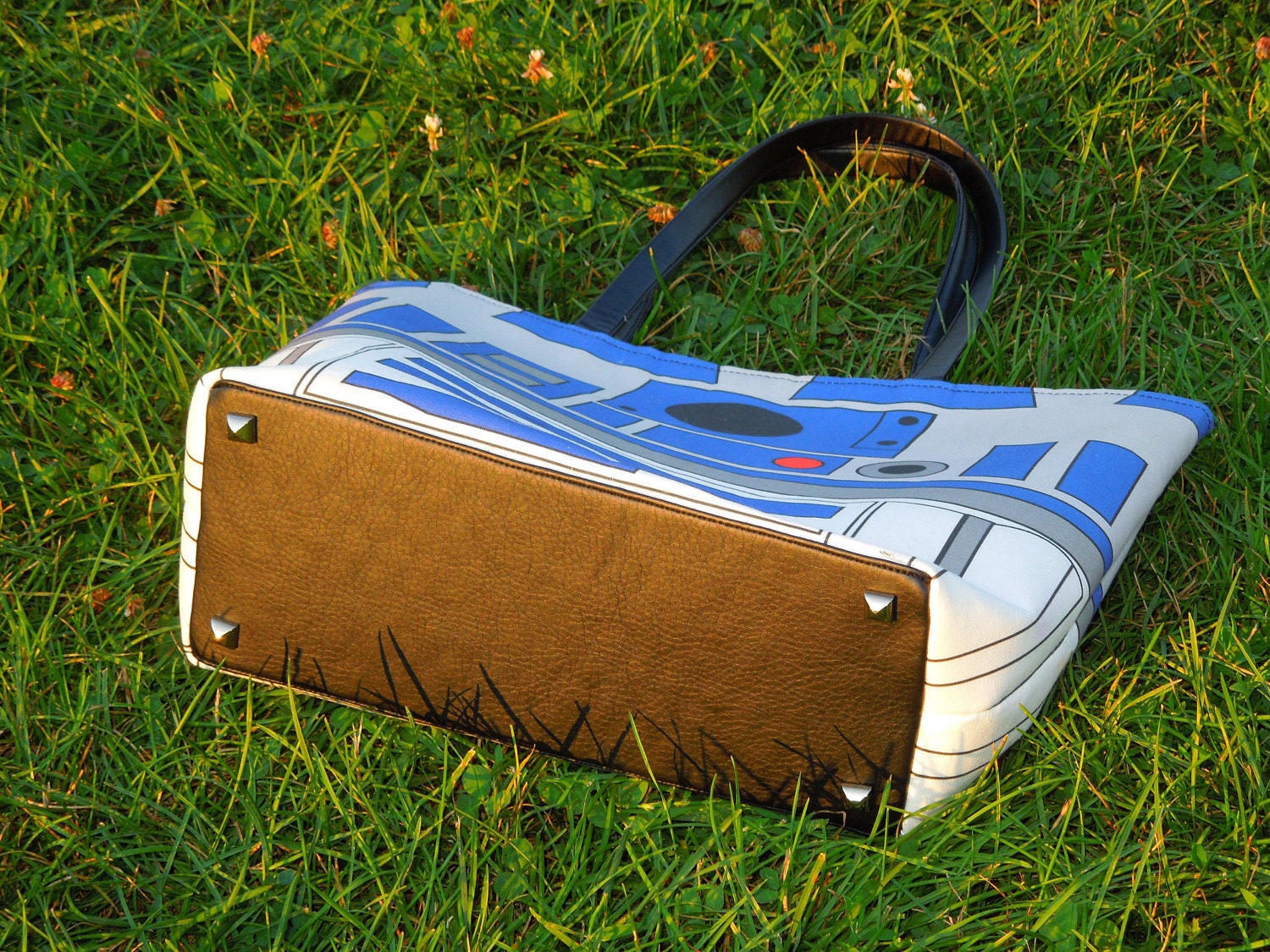Large Printed Star Wars R2D2 Handbag with Silver Studded Hardware and Snap Closure