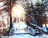 Watercolor painting "Snow Bridge" original 13x18cm landscape winter snow trees park framed