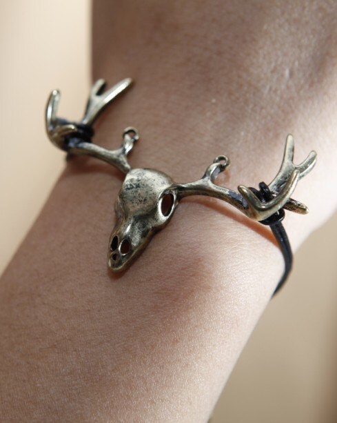 Handmade black leather cord bracelet,bronze deer skull bracelet