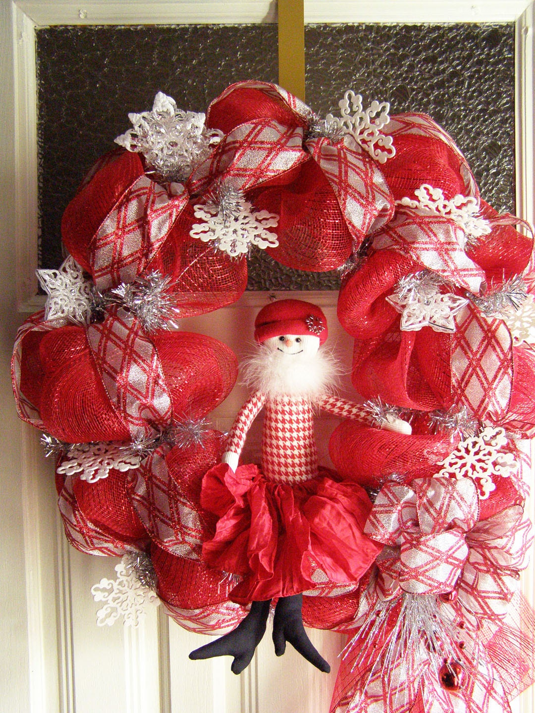 Christmas Wreath, Snow Girl, red Deco Mesh wreath, silver/red ribbon, sassy snow girl, snowflakes, and silver spray