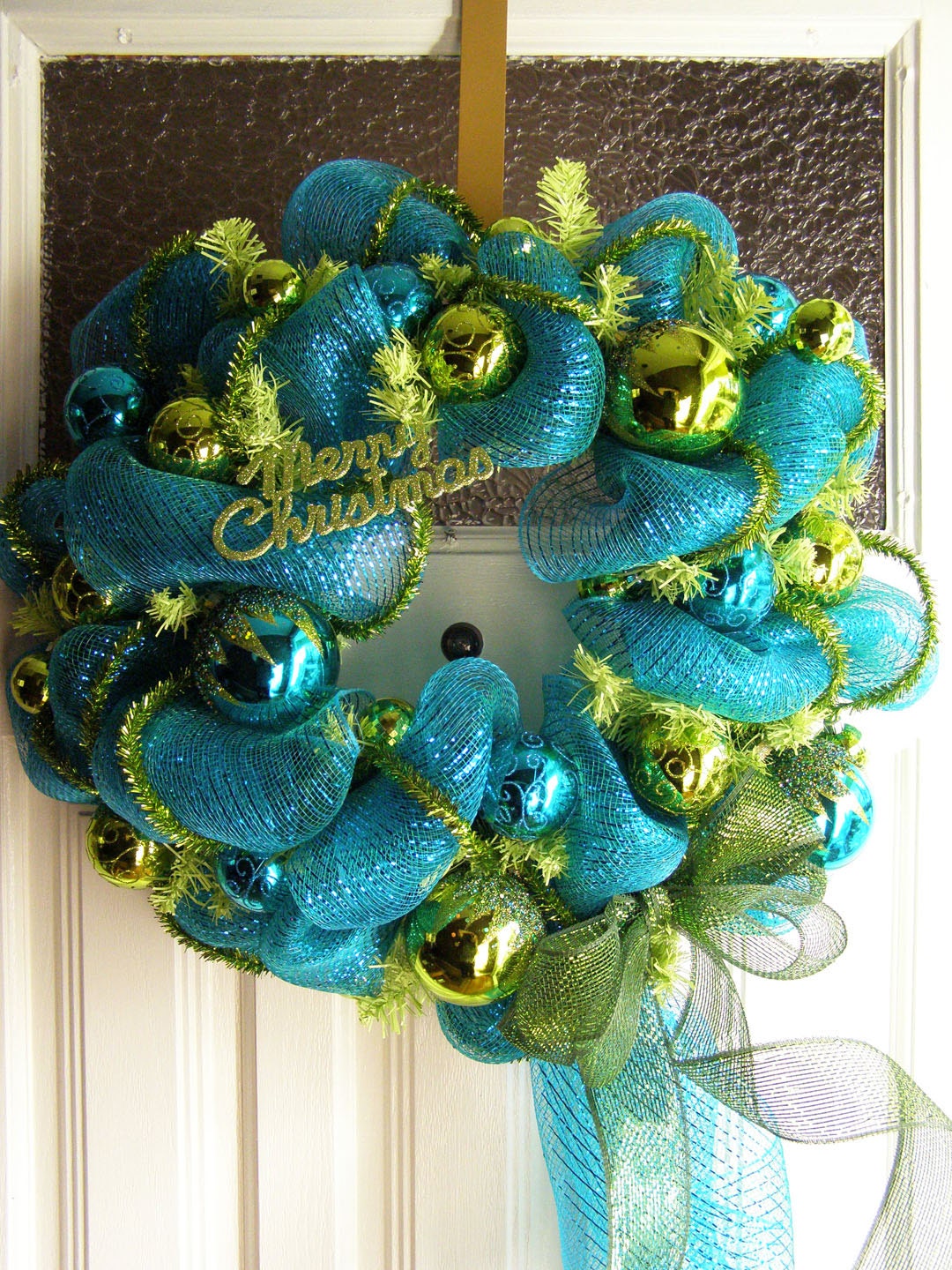 Christmas Wreath, turquoise and chartreuse Deco Mesh wreath with glittered ornaments, tinsel ribbon, and mesh ribbon bow