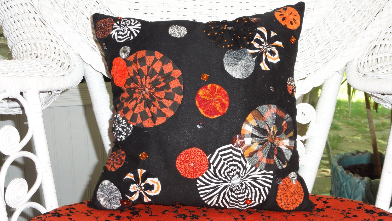 Funky Handmade Yo-Yo Pillow with Beads and Sequins for Halloween