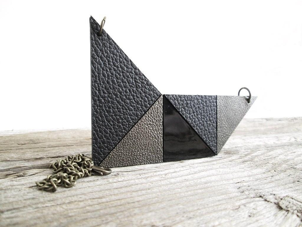 Black Leather bib Necklace Statement leather necklace Geometric necklace