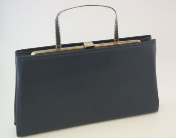 Purse Handbag Leather Navy Blue Clutch Kelly style 1950s with Metal ... Purse Handbag Leather Navy Blue Clutch Kelly style 1950s with Metal ...