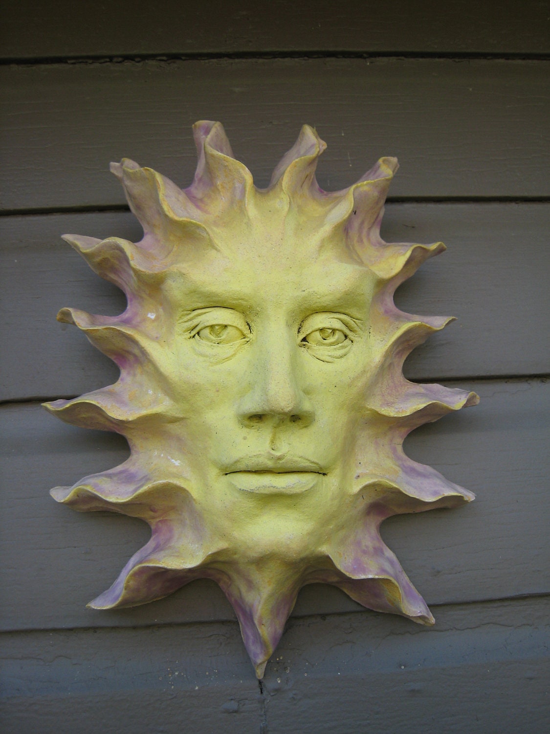 Sun Face 1, ceramic mask signed original wall art, handmade by Braven Smillie, decorative garden sculpture gift