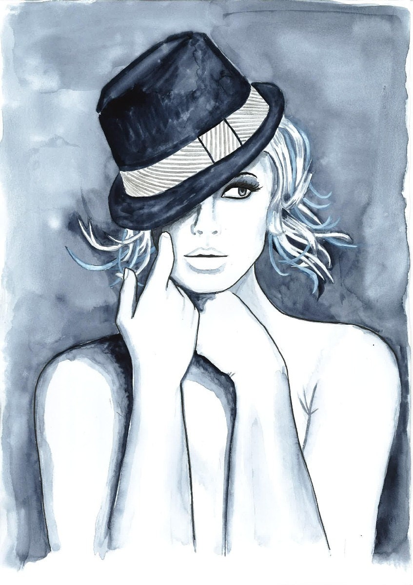 Print from Original Watercolor Fashion Illustration Modern Art Painting titled Playful Hat N.2