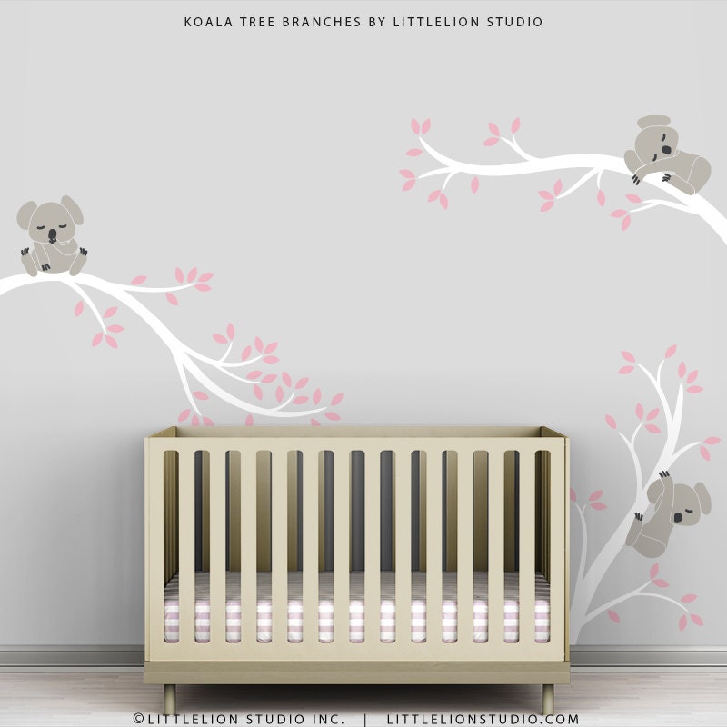 Kids Grey Pink Wall Sticker Decal Decor Baby Room Modern Nursery - Koala Tree Branches by LittleLion Studio