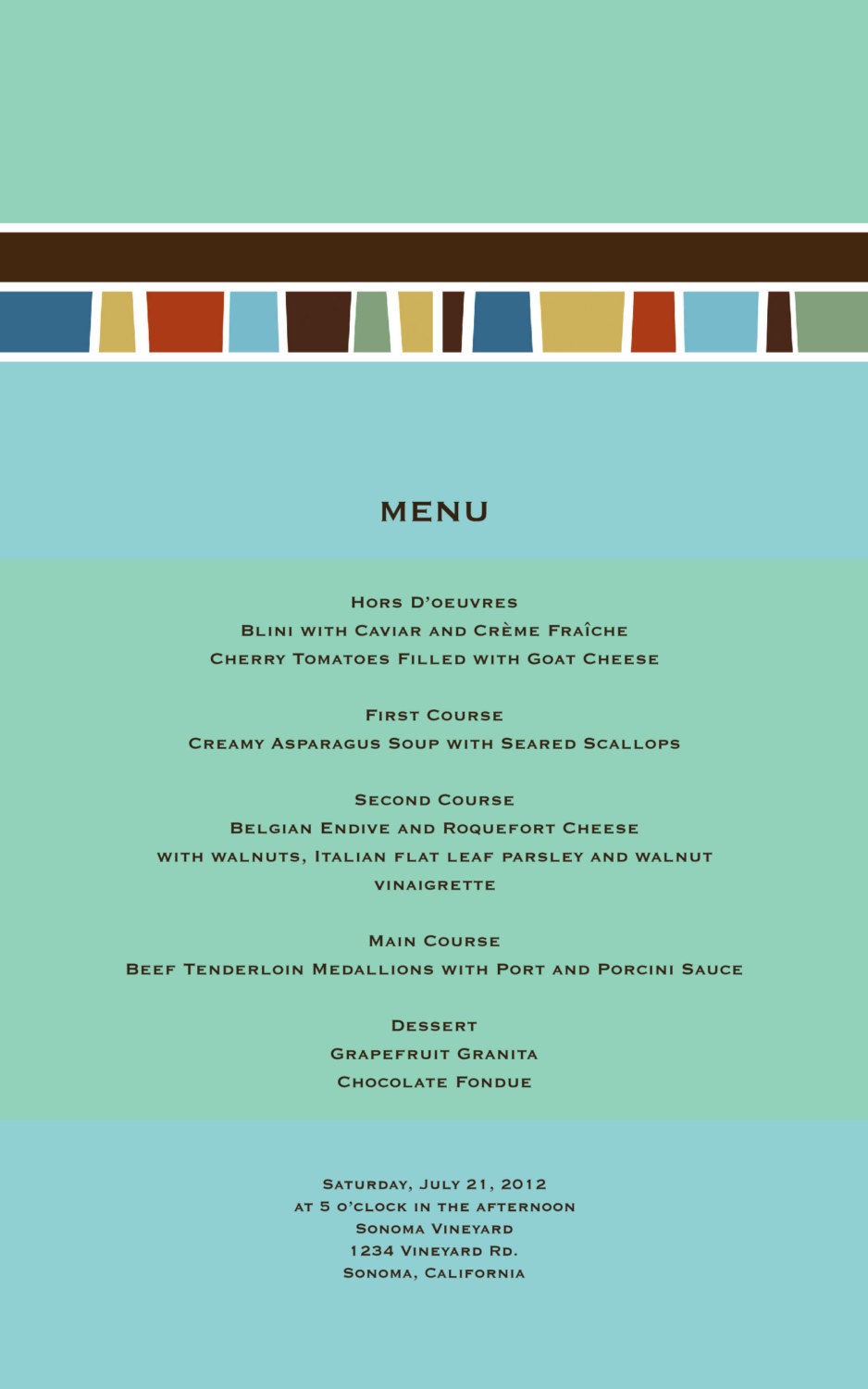 Wedding Invitation, Program, or Menu- Teal, Blue, Brown, Yellow, Orange, or CUSTOM MADE