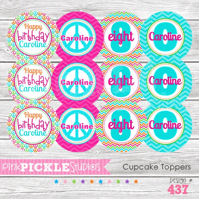 Love Peace Party  :437 ... Personalized Cupcake Toppers, Party Circles and Stickers Printable DIY pdf